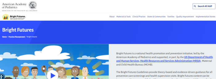 Screenshot of American Academy of Pediatrics' Bright Futures webpage