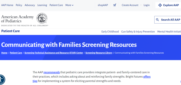 Screenshot from American Academy of Pediatrics' webpage on resources for communicating with families