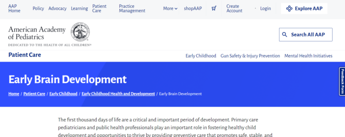 Screenshot from American Academy of Pediatrics' Early Brain Development webpage