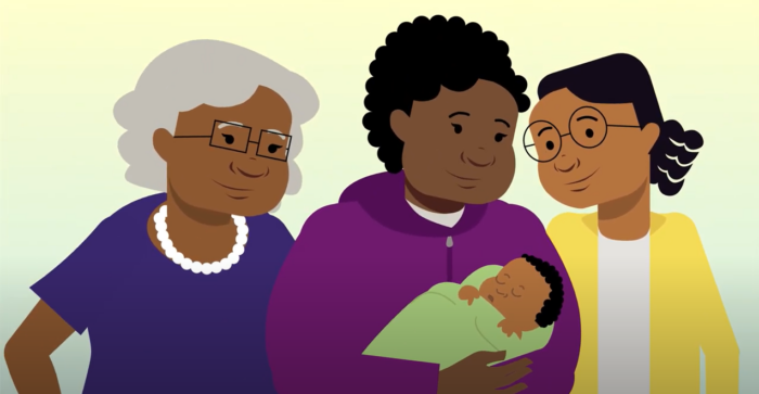 Cartoon family with grandmother, mother, sister, and baby