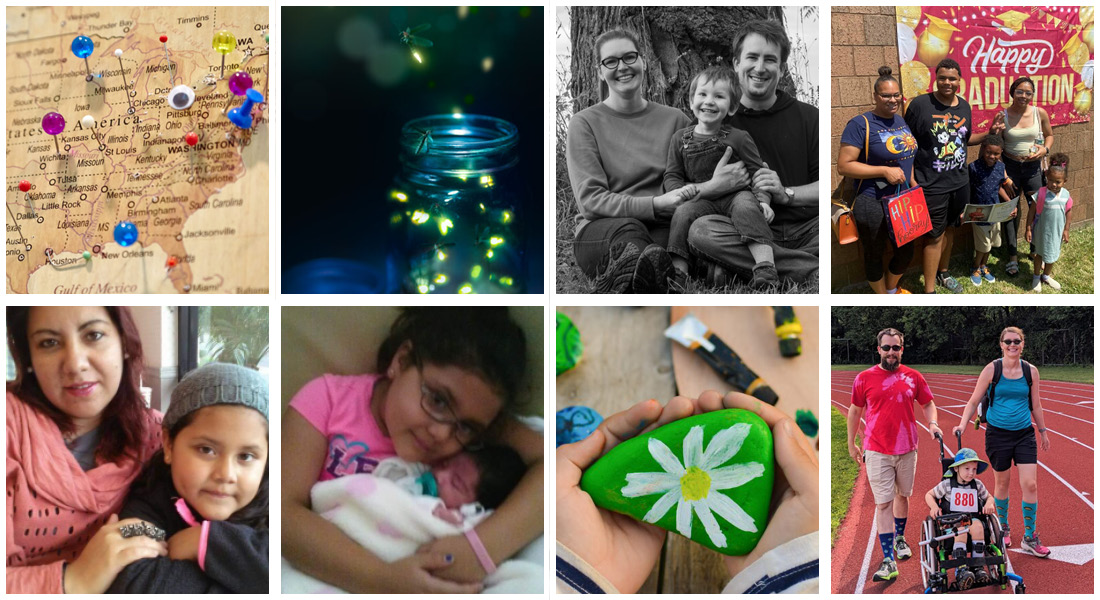 collage of photos, including pictures of a U.S. map, jar with fireflies, families with babies and young children, and painted rocks