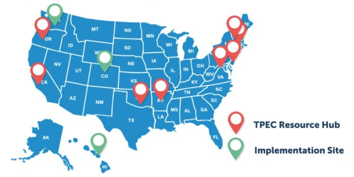 United States map with two marker categories: TPEC Resource Hub and Implementation Site. TPEC Resource Hubs are in Arkansas, California, Chickasaw Nation, Maryland, Massachusetts, New Jersey, Oregon, and Vermont. Implementation Sites are in Colorado, Maui, and Washington.