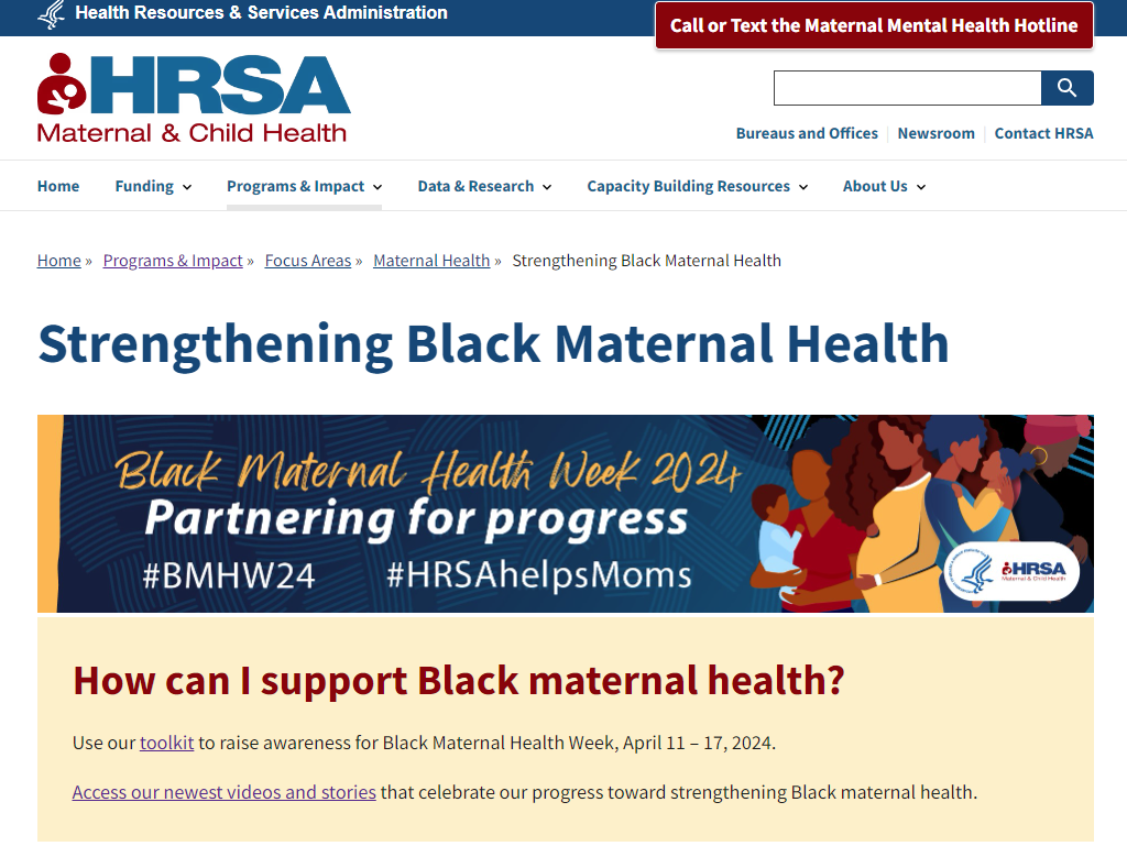 Screenshot of the Health Resources and Services Administration's webpage on Strengthening Black Maternal Health