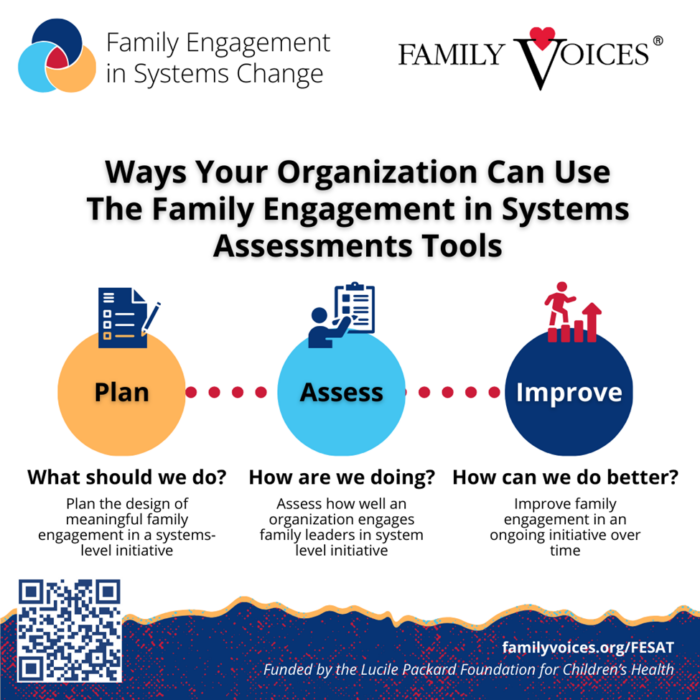 Graphic should the three-part process about how organizations can use the Family Engagement in Systems Assessment Tools. The three parts are plan, assess, and improve.
