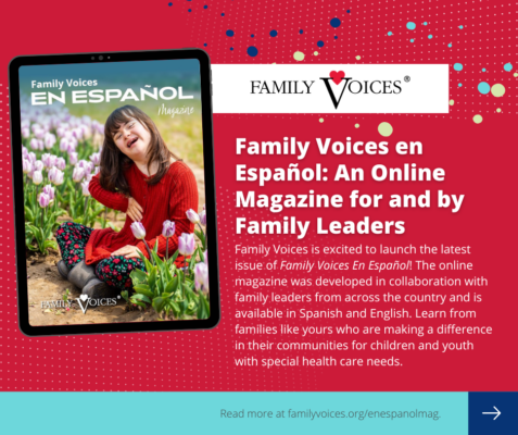 Photo of young girl in a read shirt Magazine title reads: Family Voices En Espanol: An Online Magazine for and by Family Leaders