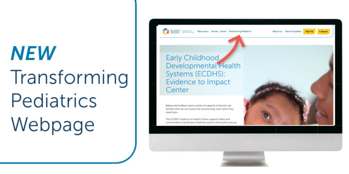 Screenshot of website homepage with arrow pointing to Transforming Pediatrics menu option