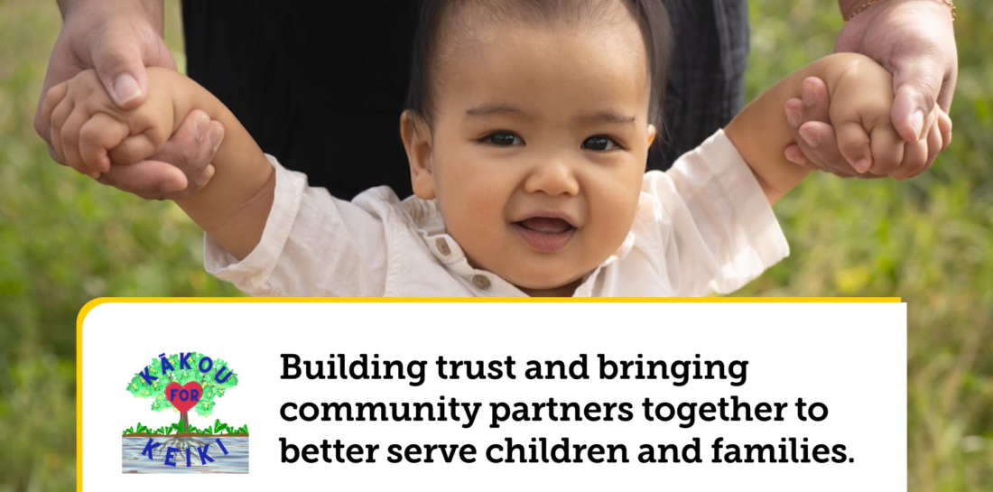 toddler boy smiling at camera with caption that reads: Building trust and bringing community partners together to better serve children and families