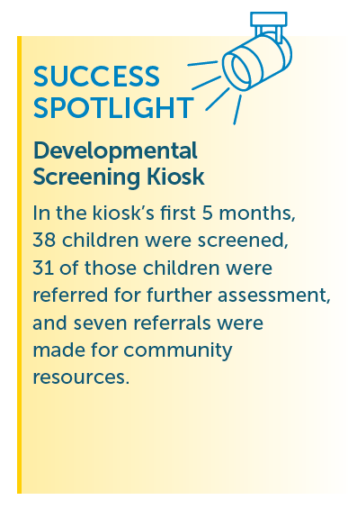 Text box highlighting the placement of a developmental screening kiosk in Maui's only federally qualified health center