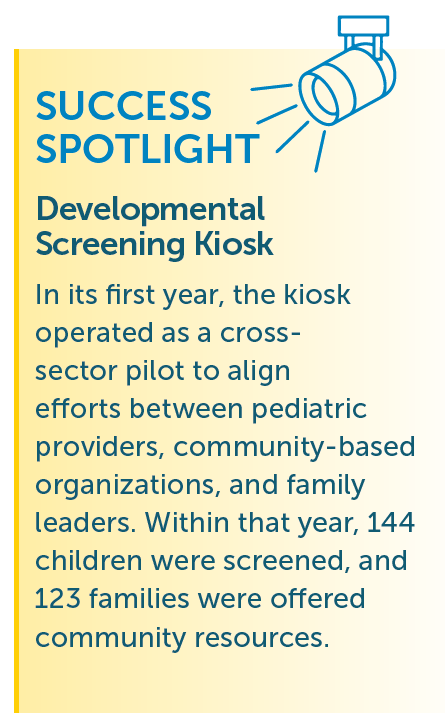 Text box highlighting the placement of a developmental screening kiosk in Maui's only federally qualified health center