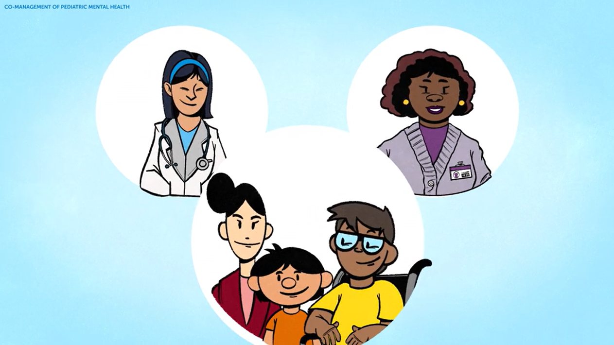 Animated video still featuring an illustrated medical provider, behavioral health specialist, and family