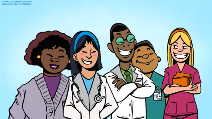 Animated video still featuring a range of illustrated pediatric health professionals